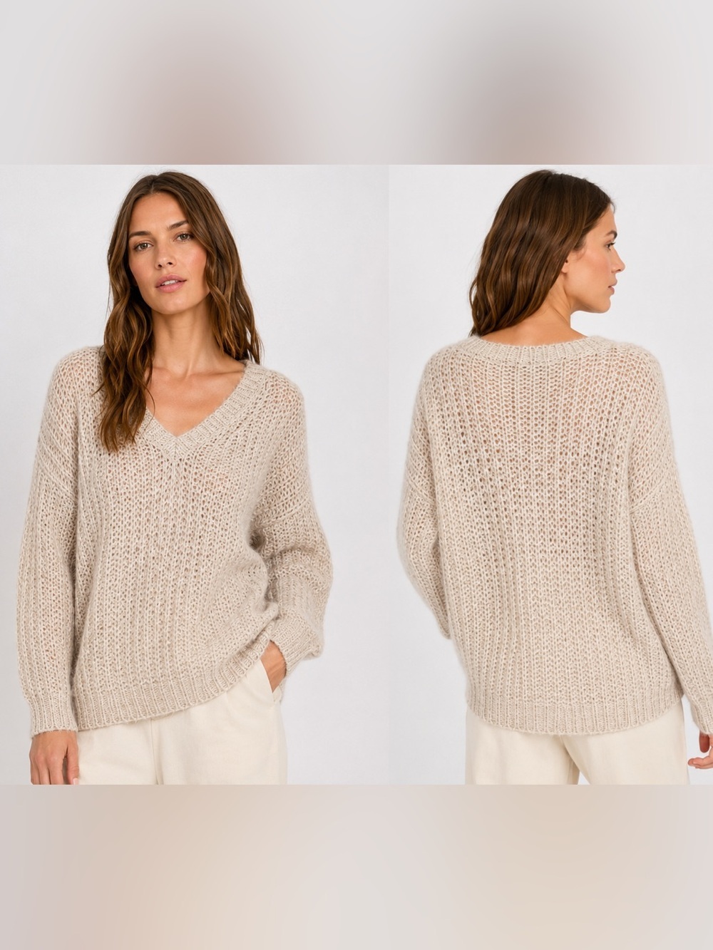 Lauren Vidal Kid Mohair Blend Oversized V-Neck Sweater Beige XS/S Made in Italy